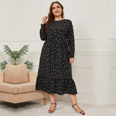 Fall Winter Fashion Women Plus Size L 4XL Long Sleeve Crewneck Loose Dress High Waist Dot Printed Design