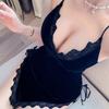 Sex lingerie sexy deep V passion seduction velvet nightgown cross lace-up halter pajamas