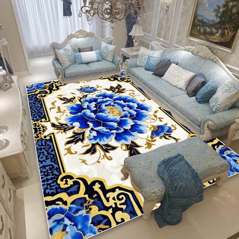 Blue Floral European Style Rugs Living Room Decoration Large Area Carpet Sofa Area Bedroom Cloakroom Non-slip Washable Floor Mat
