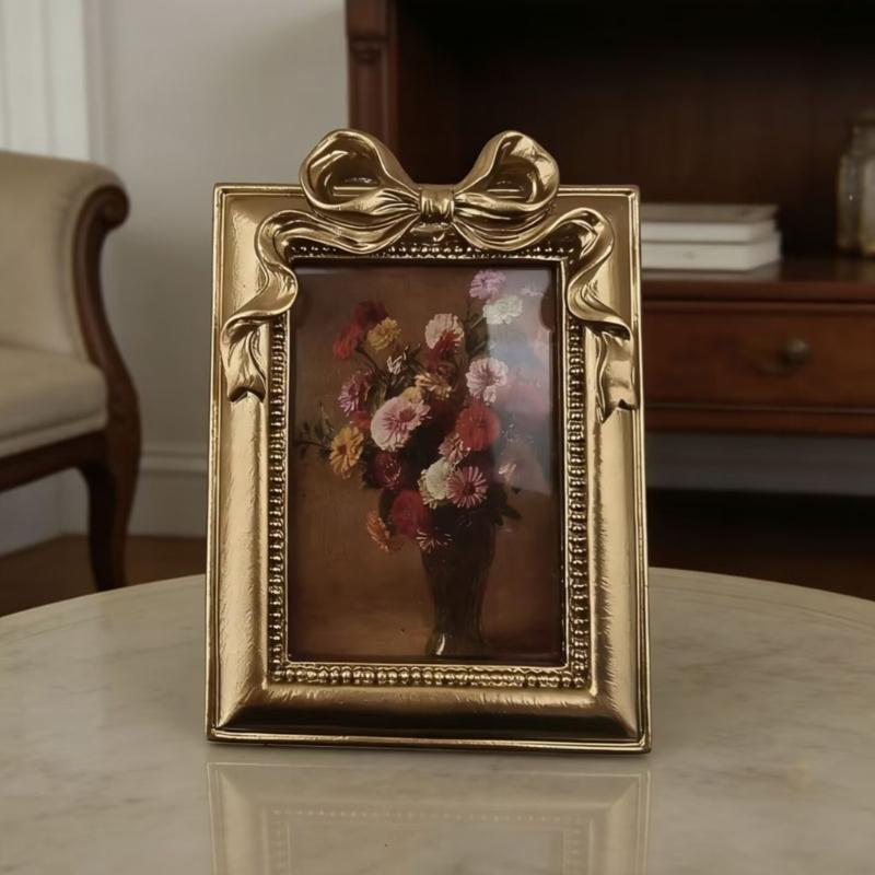 Antiker Goldener Fotorahmen Harz Schleifenknoten Verzierter Bilderrahmen Für Wohnzimmer Schlafzimmer Wandbehang Oder Tischaufsteller