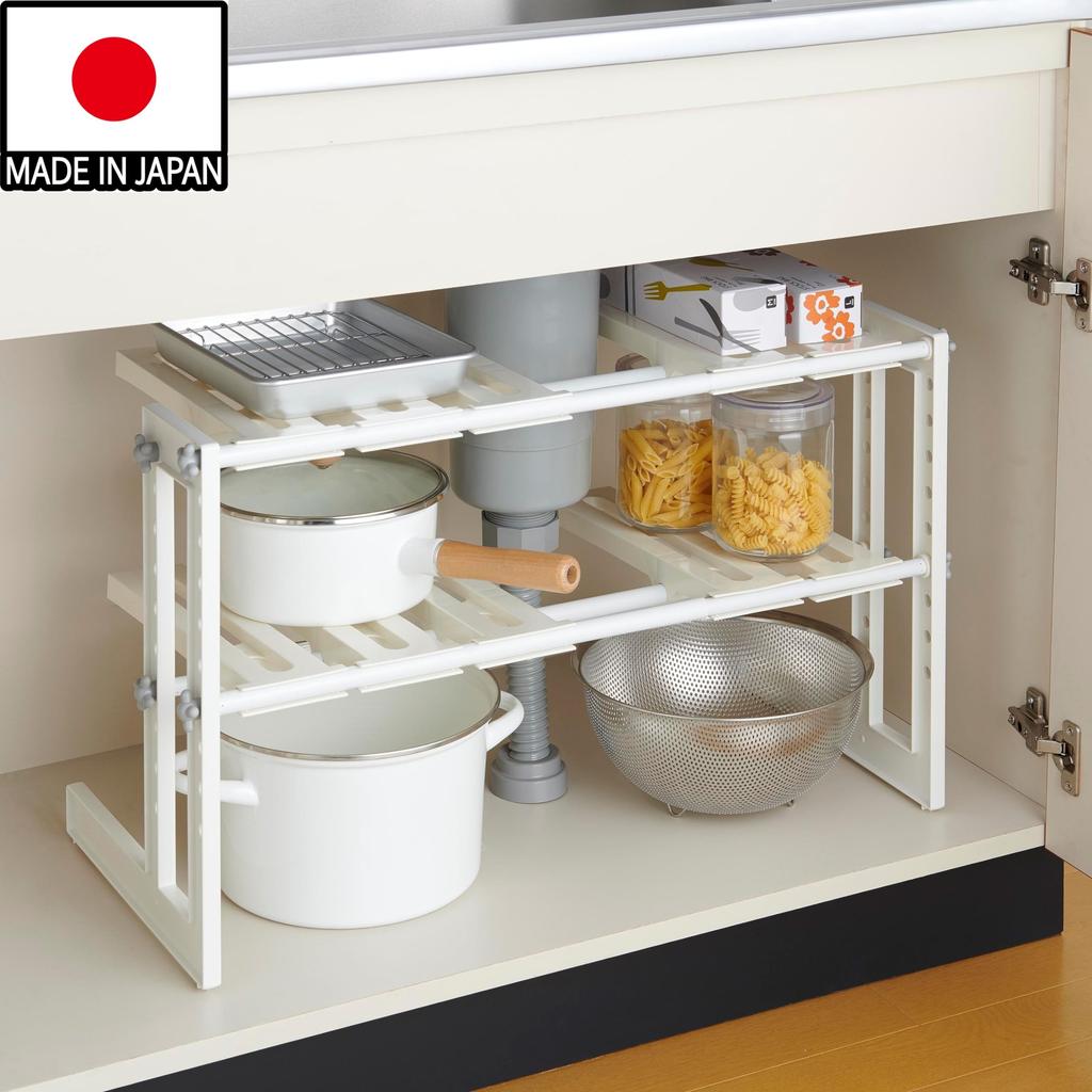 Belca Kitchen Made in Japan Storage Free Rack 2 Tiers Expandable Width x Depth x Height cm White Under-sink 50~75 30.3 39.9 MT2-EX