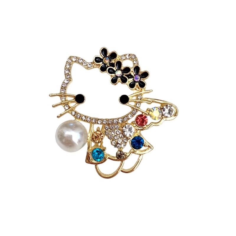 Multicolor Crystal Gem Pearl Big-Headed Cat Cute Enamel Pins Zircon Cartoon Metal Women's Brooch Jewelry Accessories