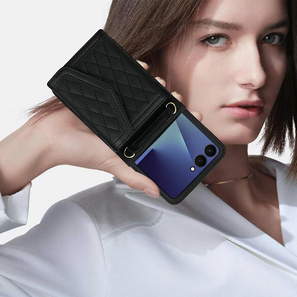 For Samsung Galaxy Z Flip7 5G Case Card Holders RFID Blocking PU Leather Phone Back Cover with Shoulder Strap