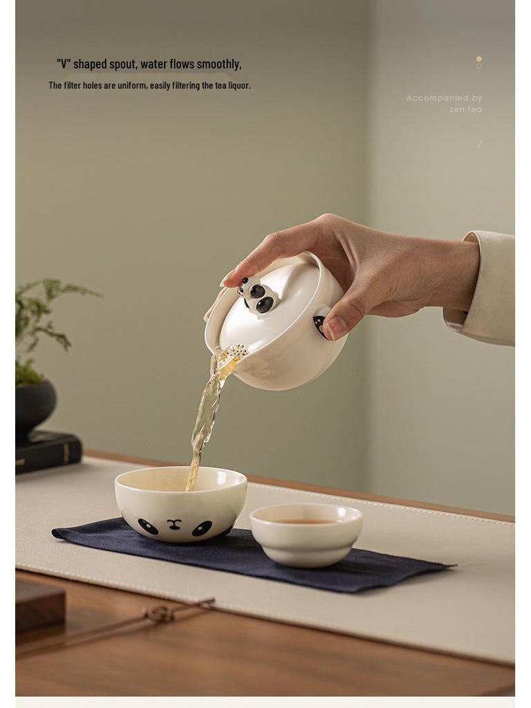 Ru Ware Panda Travel Tea Set: Portable Outdoor Kung Fu Set with One Pot and Three Cups