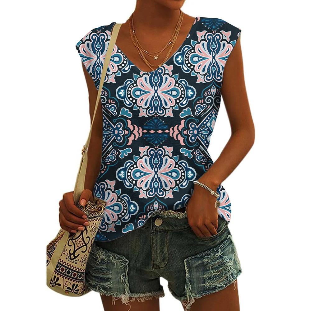 Summer Vintagr Flower Totem 3D Print Tank Tops Women Streetwear Oversized V-Neck Vest Off Shoulder Sleeveless Woman Camisole