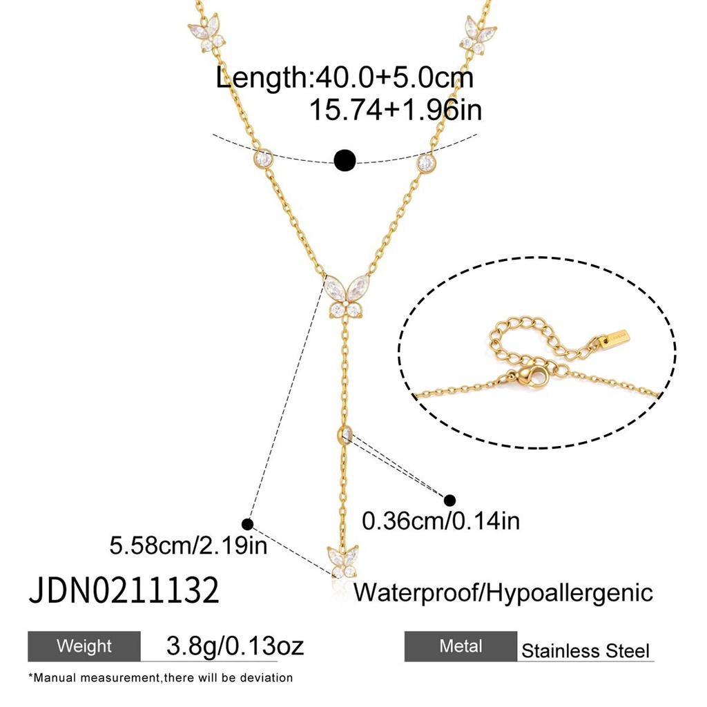 18K Gold Plated Stainless Steel Butterfly Figaro Chain Y Necklace Tarnish Free Zircon Pendant Office/Career Layering Jewelry for