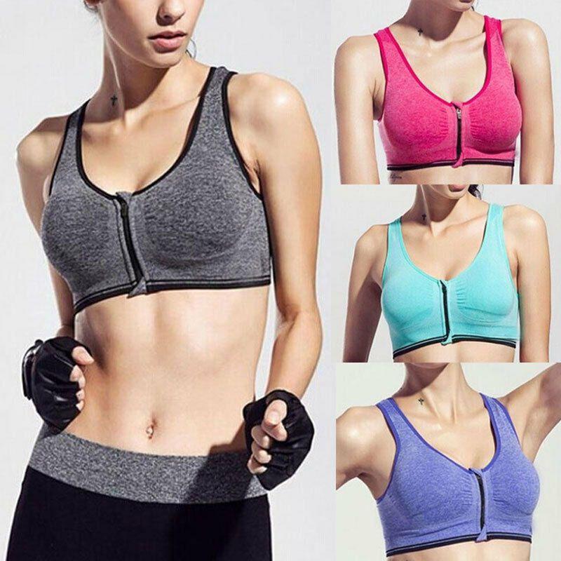 Womens Zip Front Wireless Padded Sports Bra Yoga Cami Push Up Support Top Vests