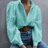 Women Fashion Crochet Lace Shirts Long Puff Sleeve Casual Flower Embroidery Buttons Down Blouse Tops Office Lady