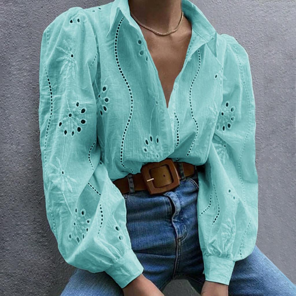 Women Fashion Crochet Lace Shirts Long Puff Sleeve Casual Flower Embroidery Buttons Down Blouse Tops Office Lady