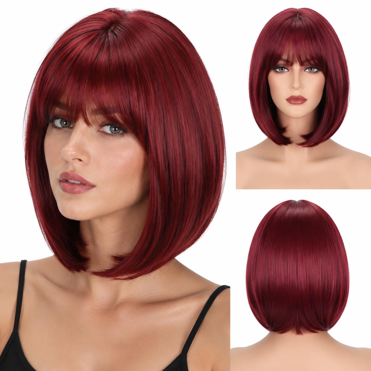 Korte Bob Pruik Met Pony Recht Synthetisch Haar Pruiken Voor Vrouwen Natuurlijke Look Dagelijks Feest Cosplay Hittebestendig Volledige 3 Kleur Pruik 12inches&1pc