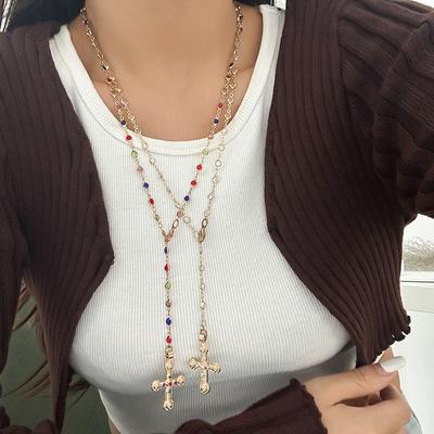 Cross Pendant Necklaces for Women Zinc Alloy Colorful Rhinestones Necklaces Gold Silver Colors Long Choker Trendy Party Jewelry