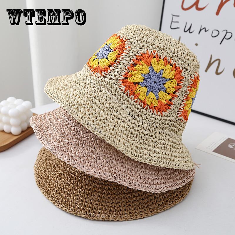 Summer Sunscreen Bucket Hat Woven Flower Straw Hat Bucket Hat Women's Sun Hat