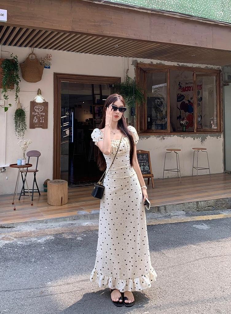 French square neck bubble sleeve dress women's summer new gentle temperament coffee break dress waist and thin long dress