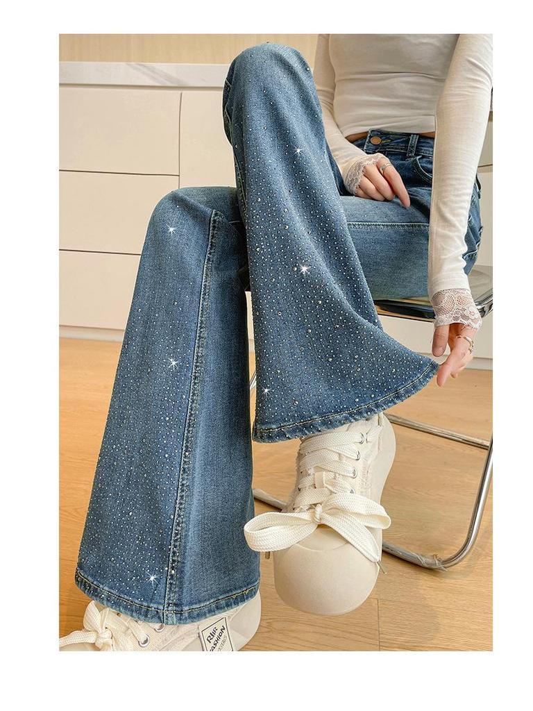 Jeans de Micro-Campana de Tiro Alto con Pedrería Brillante – Pantalones Acampanados Elásticos de Corte Ajustado para Mujer para Primavera/Otoño