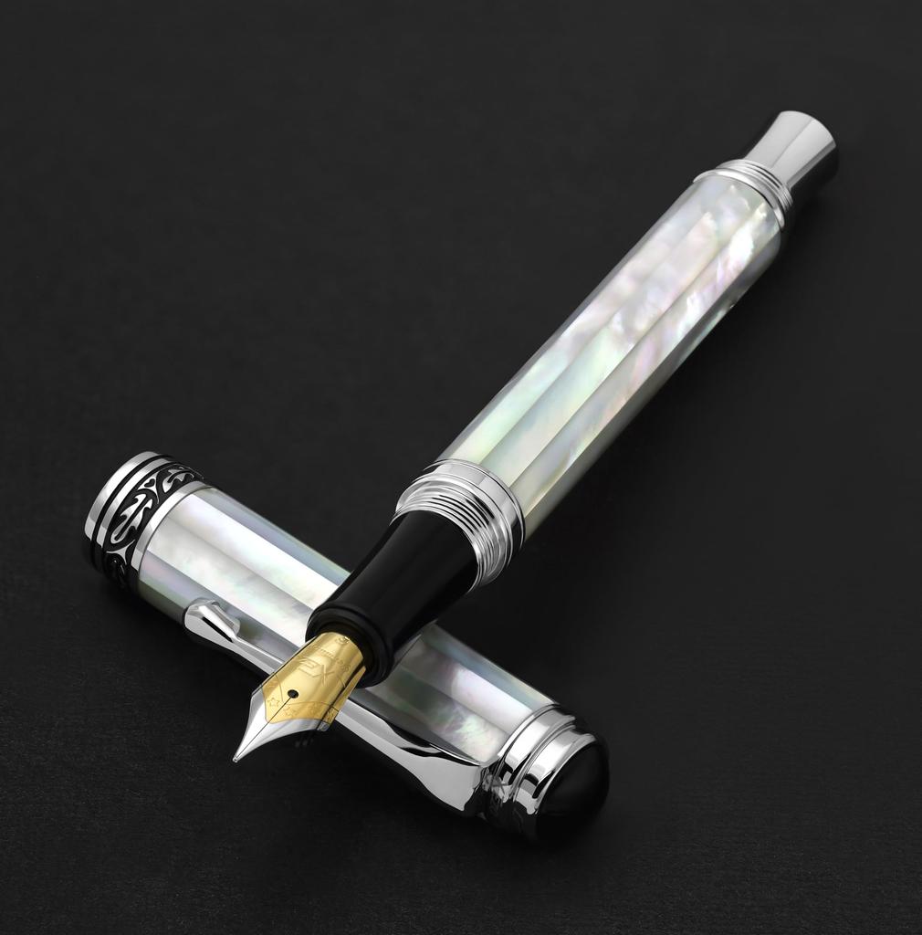 Xezo Maestro Fountain Fine Limited Serial Numbered Pen, Nib, Mother-of-pearl, Chrome-plated, Handmade, Edition,