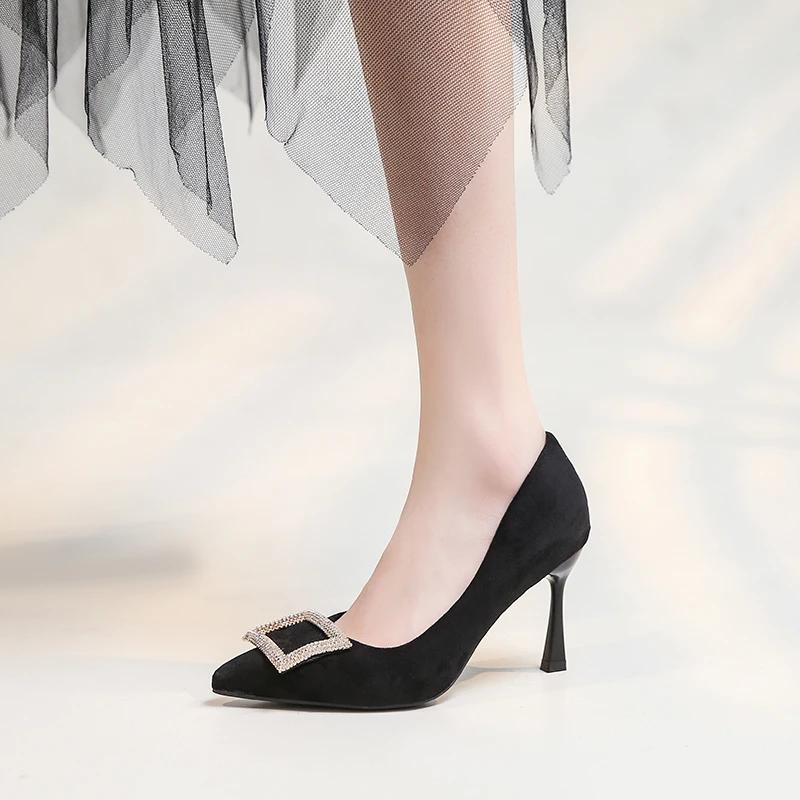 Fashion Velvet Shoes Women Work Dress Professional Black Heels 2024 Pointed Pumps Shallow Mouth Sexy Sandals Footwear Lace-Up Slip On Of