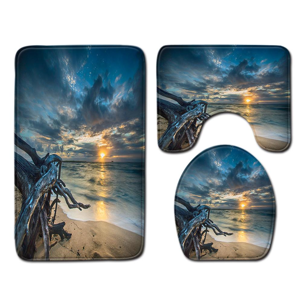 Beach View Bathroom Floor Mat Three-Piece Toilet Carpet Toilet Mat Set Door Mat Bathroom Non-Slip Mat