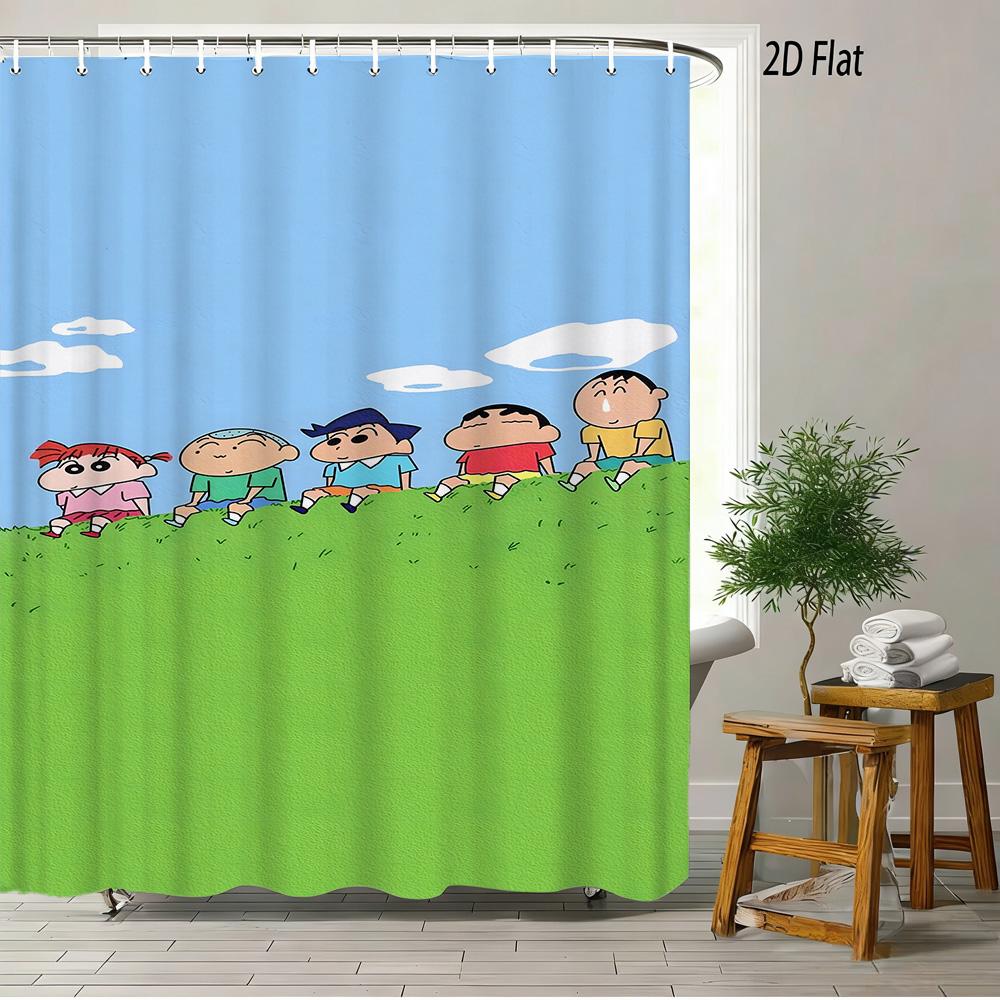 Crayon Shin-Chan Ufo & Shiro 2D Print Waterproof Shower Curtain, Green Anime Bathroom Decor With Hooks