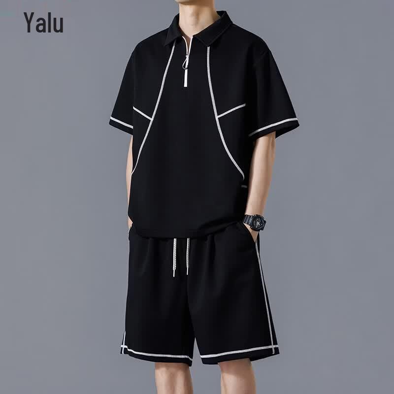 Men s Half-Zip Short Sleeve & Shorts Sportswear Set 5XL