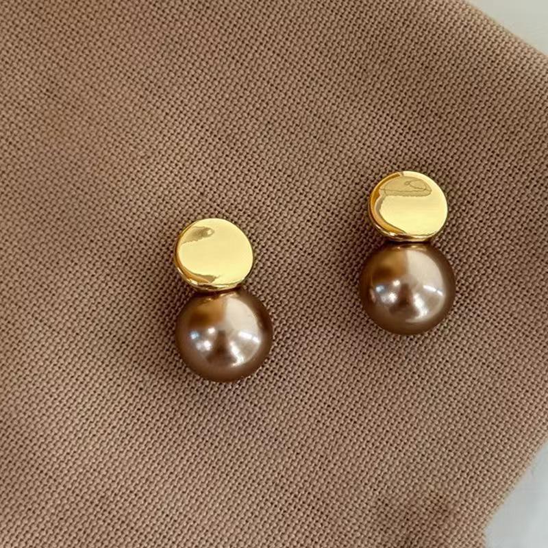 Champagne Round Sequin Pearl Retro Earrings for Women - High-End Niche Design Versatile Studs
