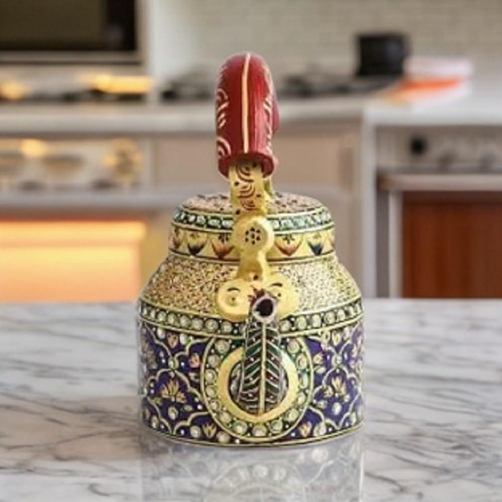 Traditional Handpainted Aluminum Kettle Tea Pot for Serving (Blue and White)