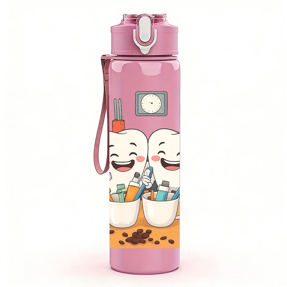 1PC Two Tooth Character Bathroom Mirror 750ml Color Plastic Sports Water Bottle Leakproof Flip Straw Lid Suitable for Sports Office Home Use