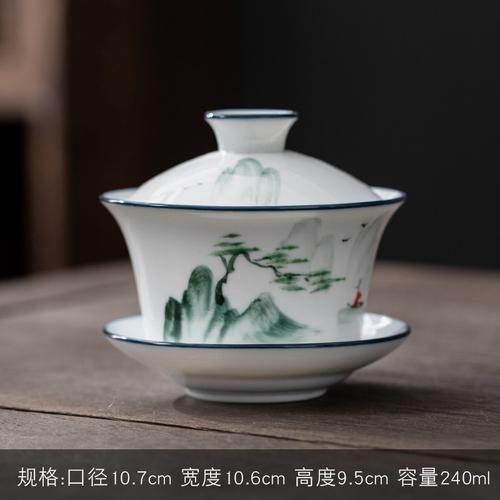 Jingdezhen-Hand Drawn Tea Bowl with Cover, Ceramic Tea Set, Large White Porcelain Covered Bowl, San Cai Gaiwan