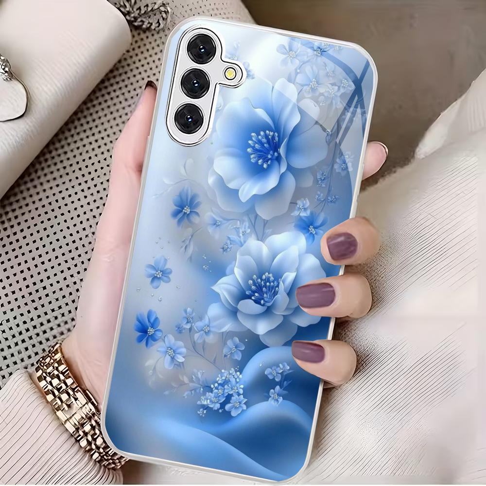Blue flower electroplated glass phone case suitable for Samsung Galaxy S26 S25 S24 S23 S22 S20FE/Ultra/Plus anti drop back cover
