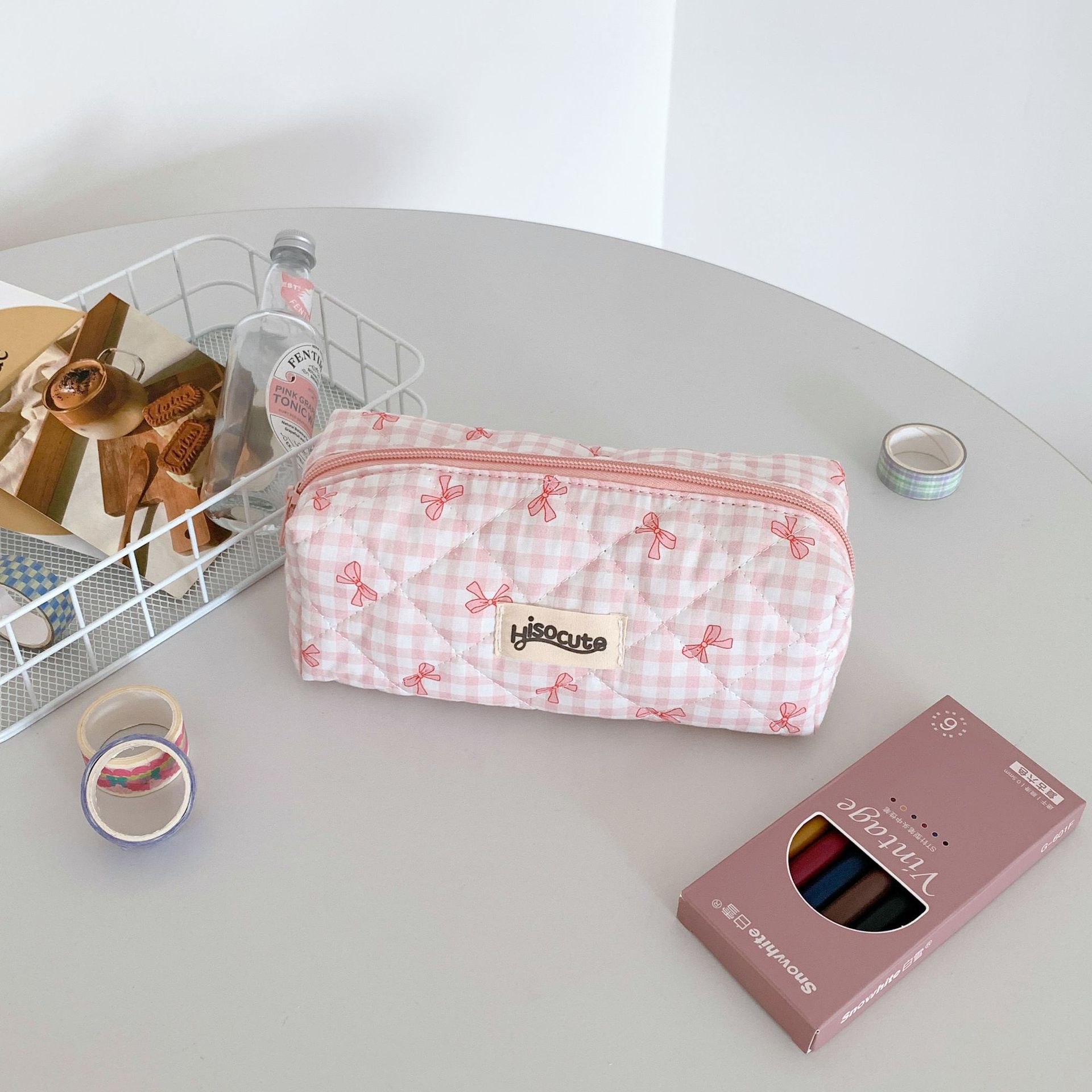 

1 шт., милый студенческий пенал для девочек ярких цветов, клетчатая сумка-карандаш с кружевным бантом, мультяшная сумка для хранения канцелярских принадлежностей, школьные принадлежности розовый