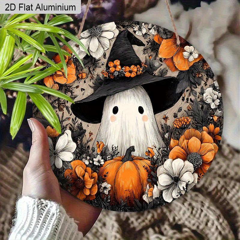 2D Flat Aluminium Rustic Halloween Sign with Wizard Hat Ghost Pattern - Halloween Figurine Ornaments - Ideal for Front Door, Wall, Porch, Window
