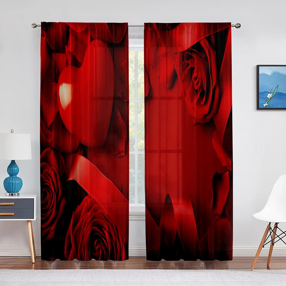 Красная Роза День Святого Валентина Цветочный Романтический Тюль Прозрачные Оконные Шторы — фото 12