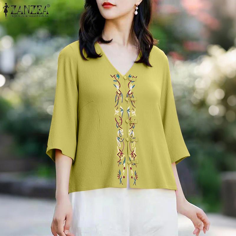 ZANZEA Women Summer V-Neck 3/4 Sleeve Casual Embroidery Blouse