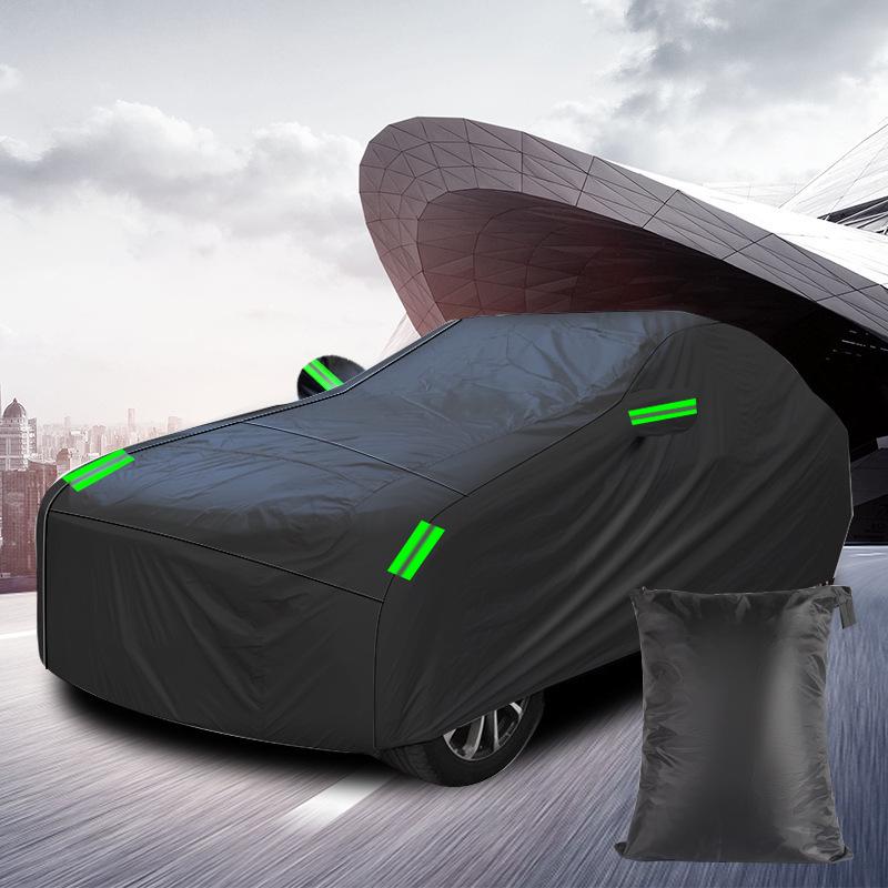 190T Black Polyester Car Cover: Waterproof, Sun Shade, Heat Insulation, Rainproof Protection.