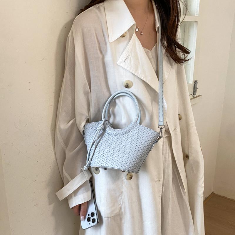 Woven Texture Mini Tote Bag with Round Handle and Detachable Strap