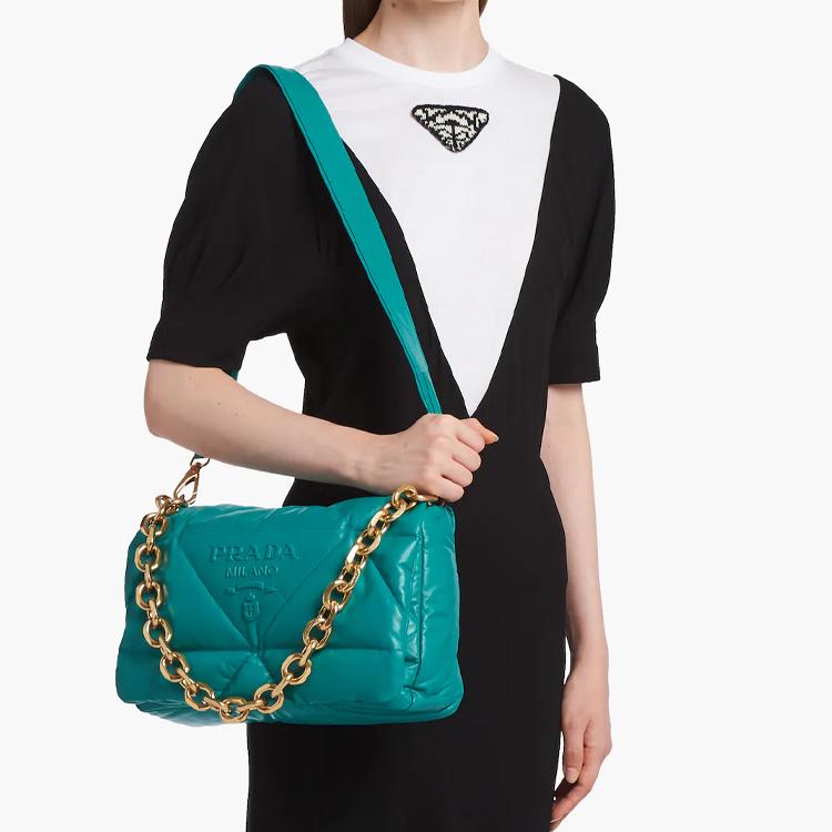 Prada Nappa Leather Soft Padded Quilted Patchwork Pattern Metal Chain Shoulder Crossbody Bag Women Bags Peacock-Blue 1BD306-2DYI-F0363-V-VAM