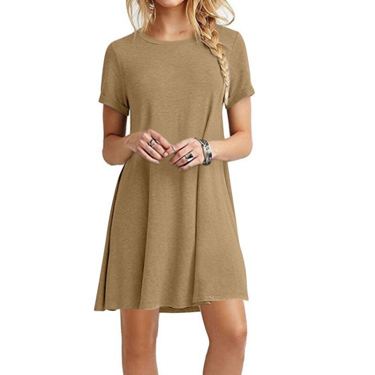 Summer Women Loose Solid Color Dress Short Sleeve Round Neck Large Size