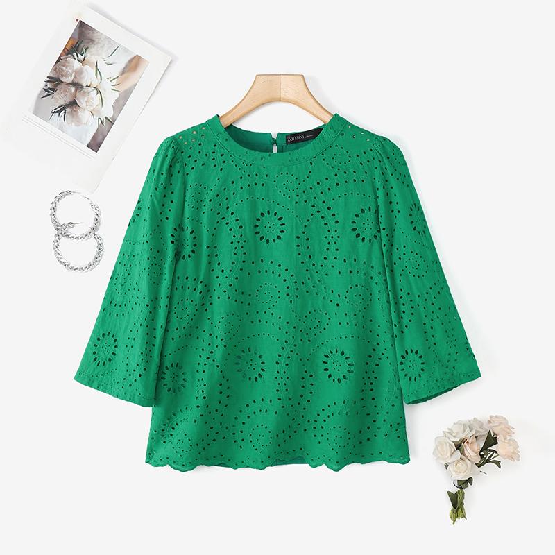 ZANZEA Dame Casual Rund Hals 3/4 Erme Løs Lappeteppe Heklet Bluse