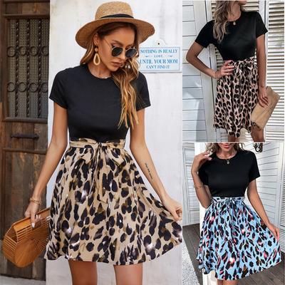 Abito estivo con fiocco con cinturino patchwork stampato leopardo da donna