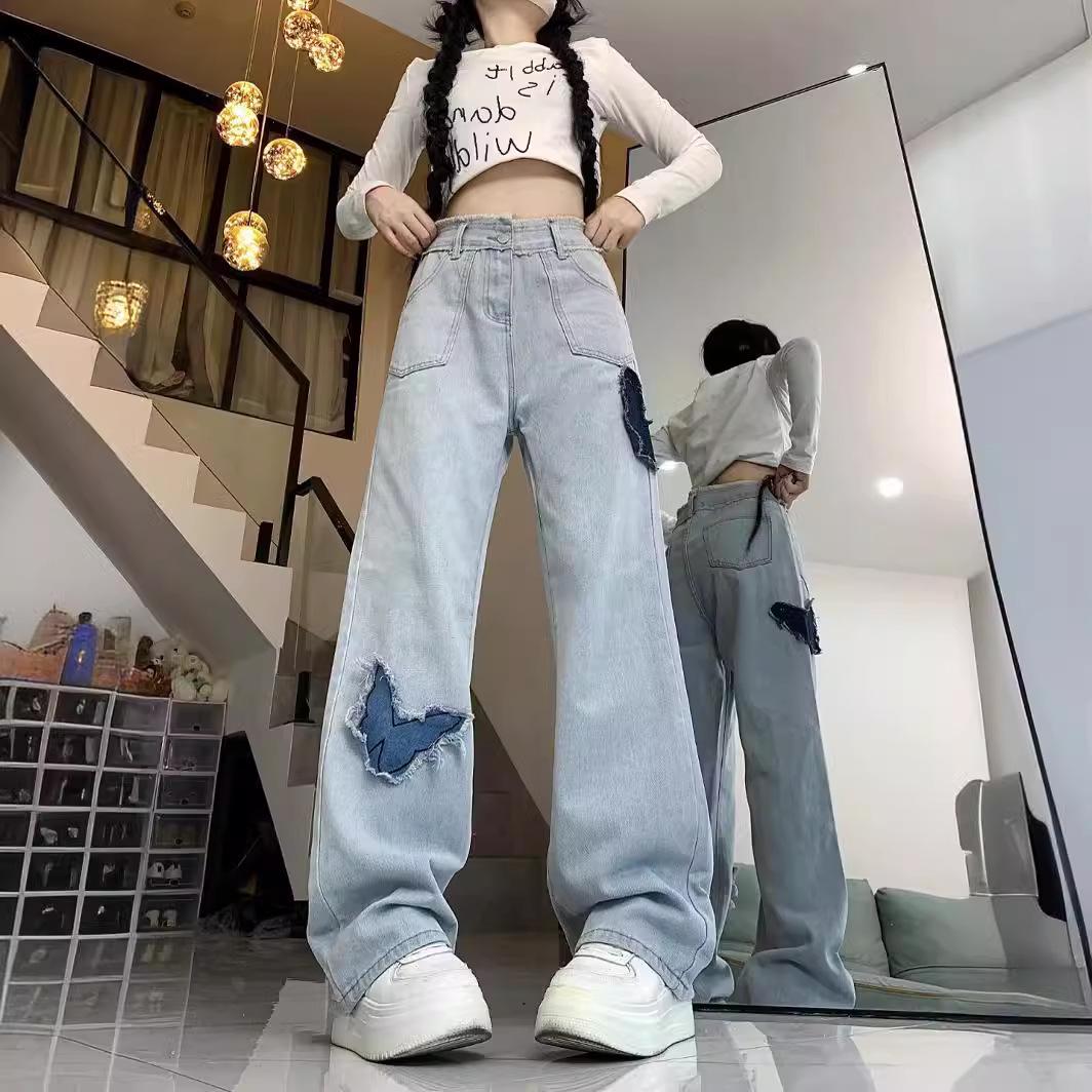 

Women s High-Waist Retro Butterfly Embroidered Wide-Leg Jeans for Fall S