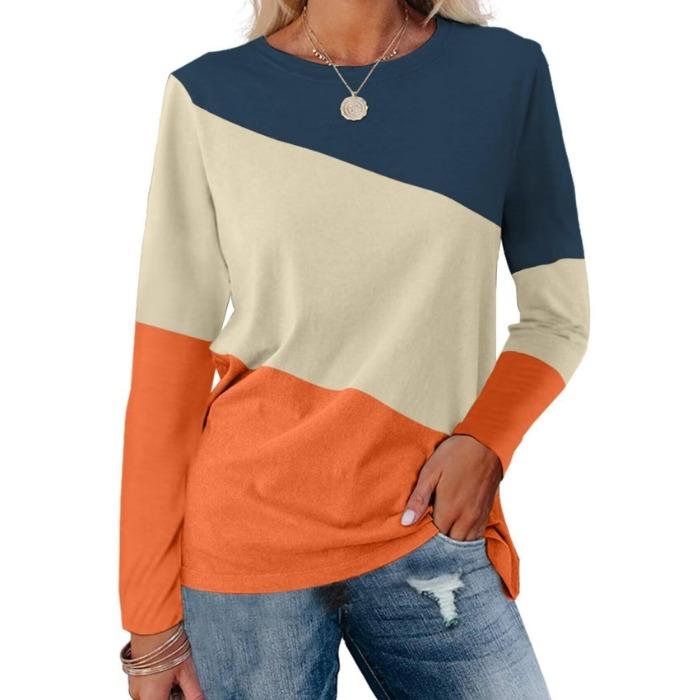 Fashion Color Blocked Long Sleeved Top with Personalized Contrasting Design for Women's Casual T-shirts