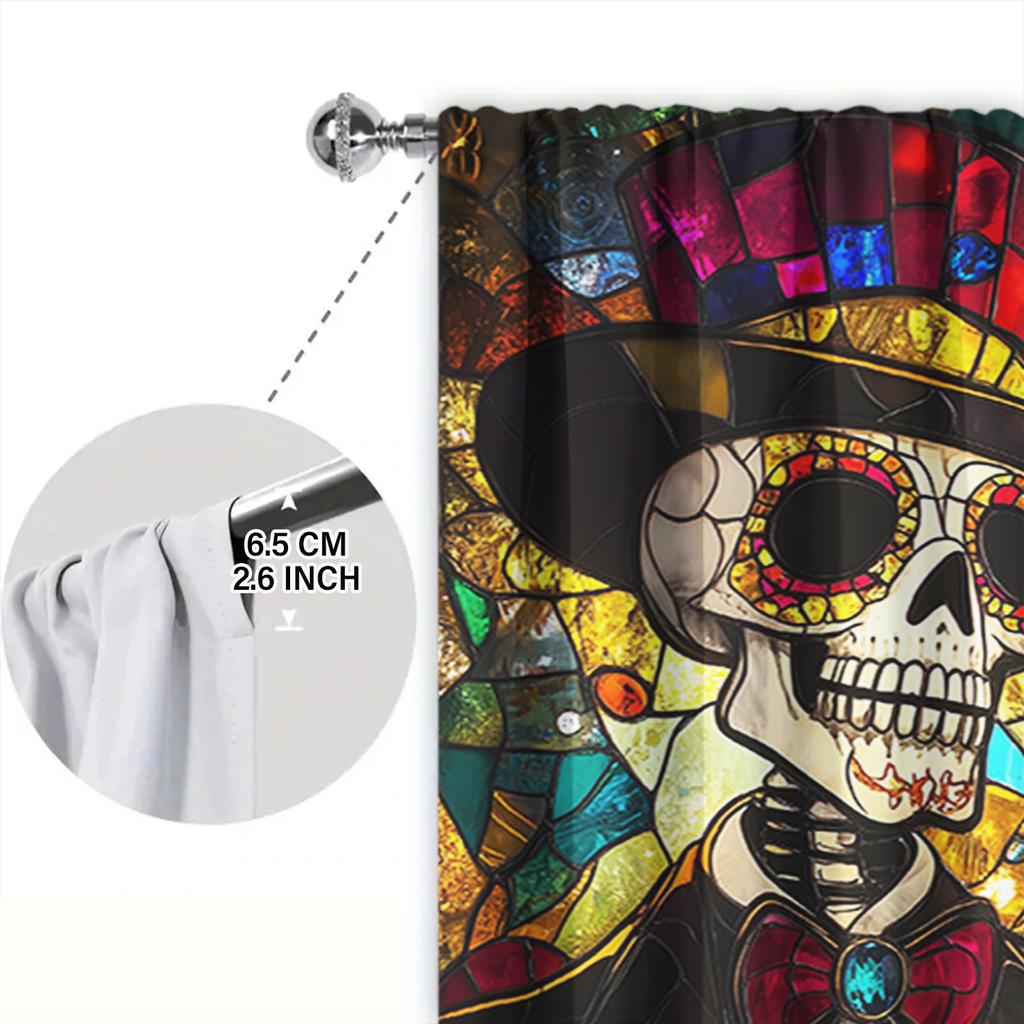 2ks Barevné skleněné okno Kostra Láska Tištěný závěs pro Halloween Domácí dekorace - Kapsa na tyč Okenní úprava pro ložnici