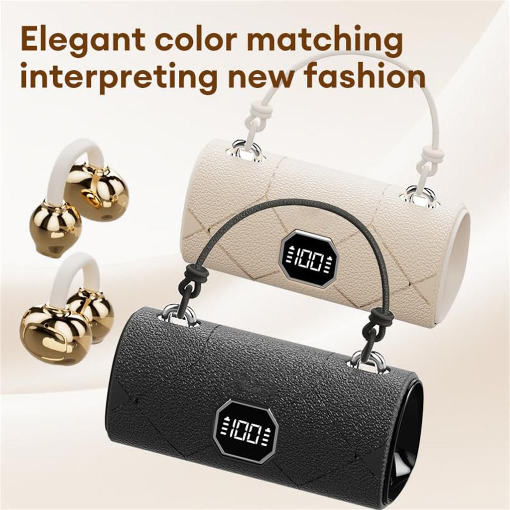 Fashionable Clip Wireless Headphones With Handbag‑,Open Ear Clip Earbuds,Cute Removable Earring Luxury Leather Texture,Bluetooth 6.0,Led Hd Display
