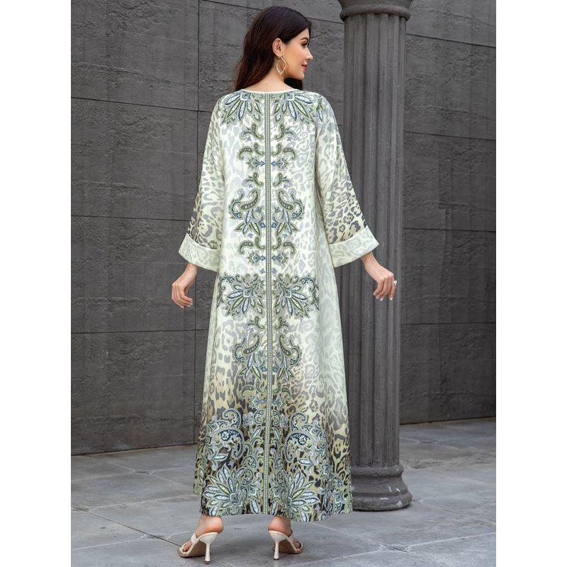 Middle East Cross Border Women clothes Dubai Robe Leopard Print Print Beads Hot Drilling Arab Length Plus size dresses Dress