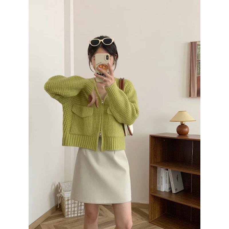 Short Waffle Double Zipper Knitted Cardigan Women's Autumn and Winter New Loose Versatile Sweater Jacket Tide