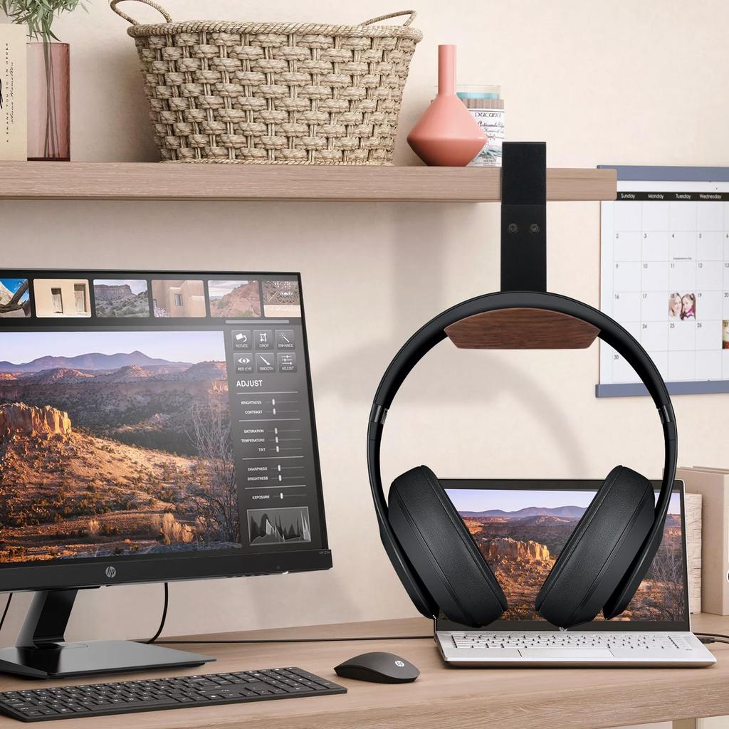 Walnut Wood & Solid Metal Headphone Stand Holder, Headset Hanger Stand for Desk, Adjustable Design, Perfect for All Headphone Sizes