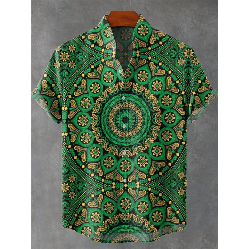 Men's Short Sleeve Shirt Vintage Ethnic Style Sunlight and Tree Illustration Art Wave Print Casual Linen Shirt,