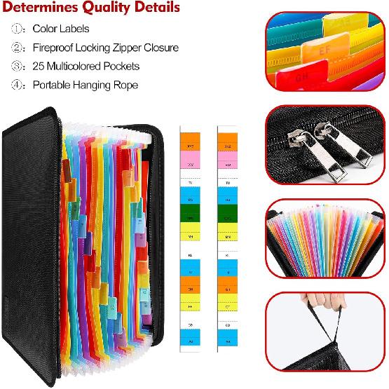 ENGPOW Expanding File Folder, Fireproof File Organizer with 25 Colored Pockets,Labels,Zipper Closure,Fireproof and Water Resistant Safe Storage for