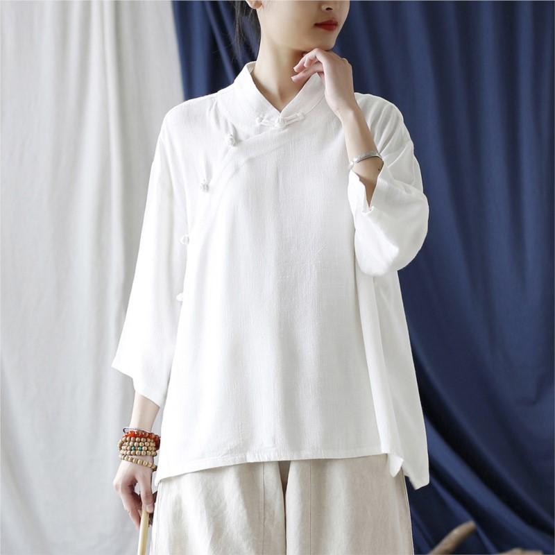 Johnature Spring Summer Women Vintage Collar Seven Point Sleeves Shirt Solid Color Shirt