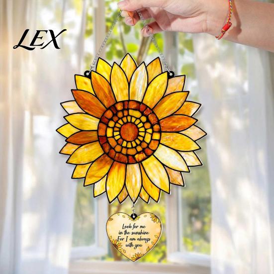 Floral Wall Art Hanging Stained Glass Style Sunflower Pendant, with Metal Sunlight Reflecting Pendant Chain, Acrylic Ornament for Home Garden