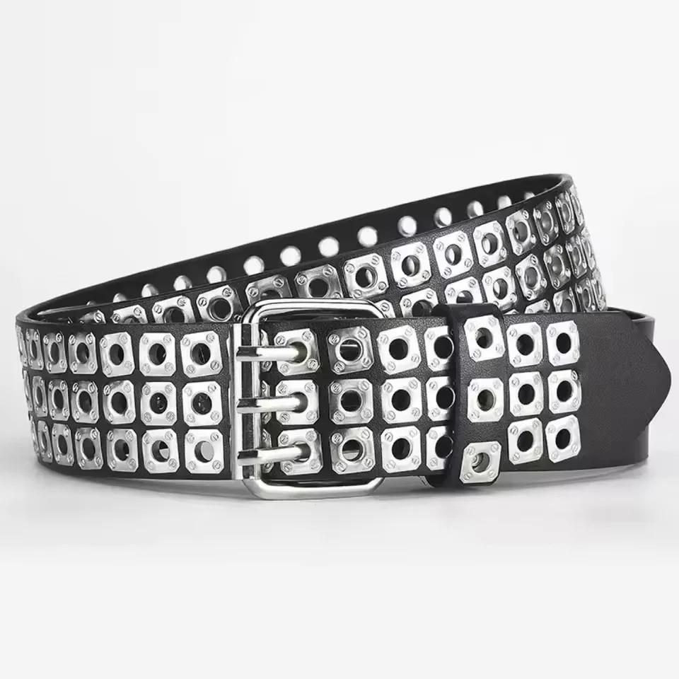 Women Belt  Fashion Square Beads, Willow Nails, Three Exhaust Eyes, Punk Street Cool, Personalized Men's and Women's Belts